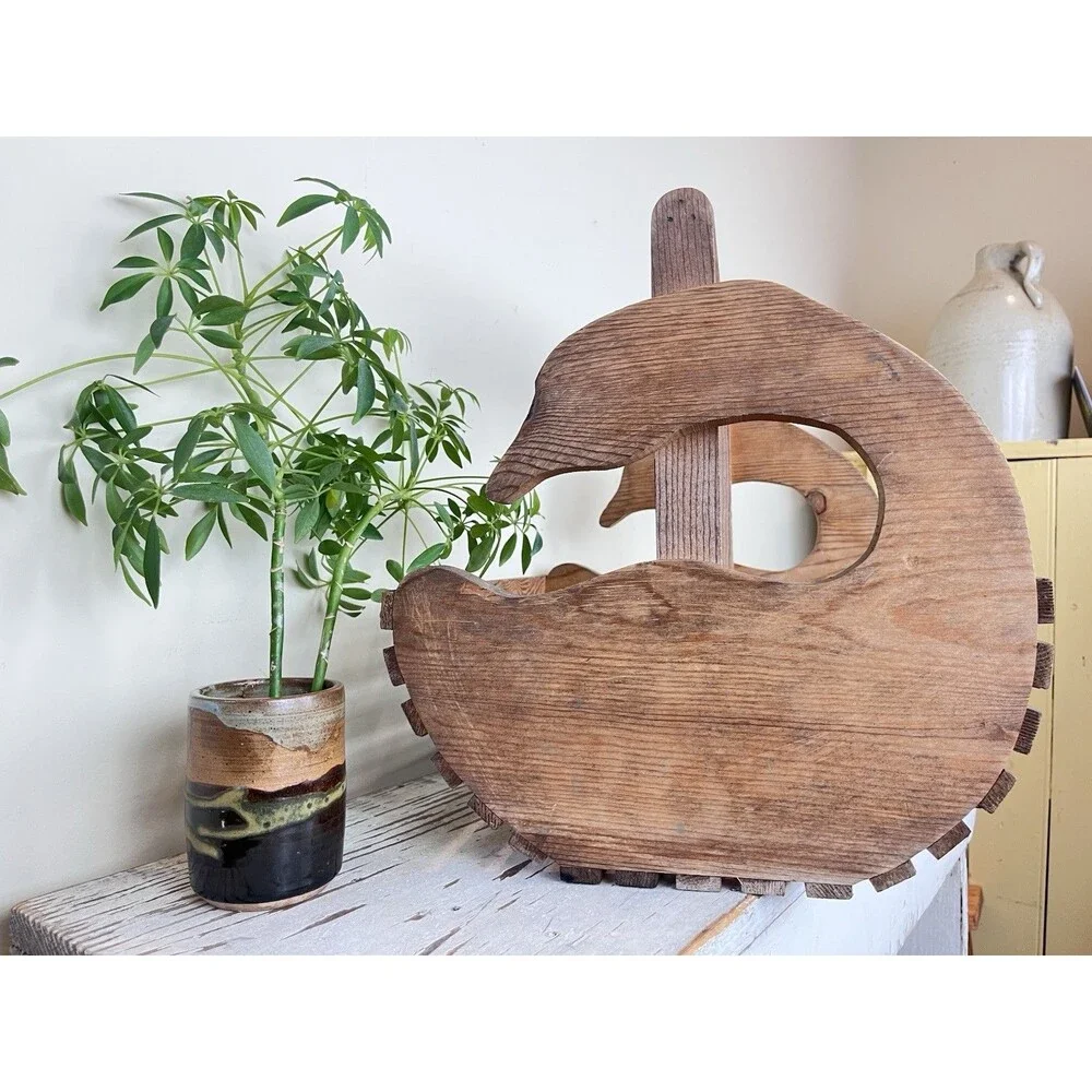 Vintage Solid Wood Slatted Goose Magazine Blanket Basket W/ Handle Cottage Decor
